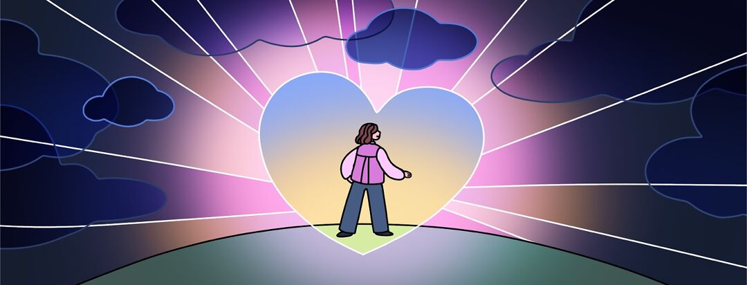 A woman standing on a hill is surrounded in a bright heart-shaped bubble which radiates light through the surrounding dark clouds.