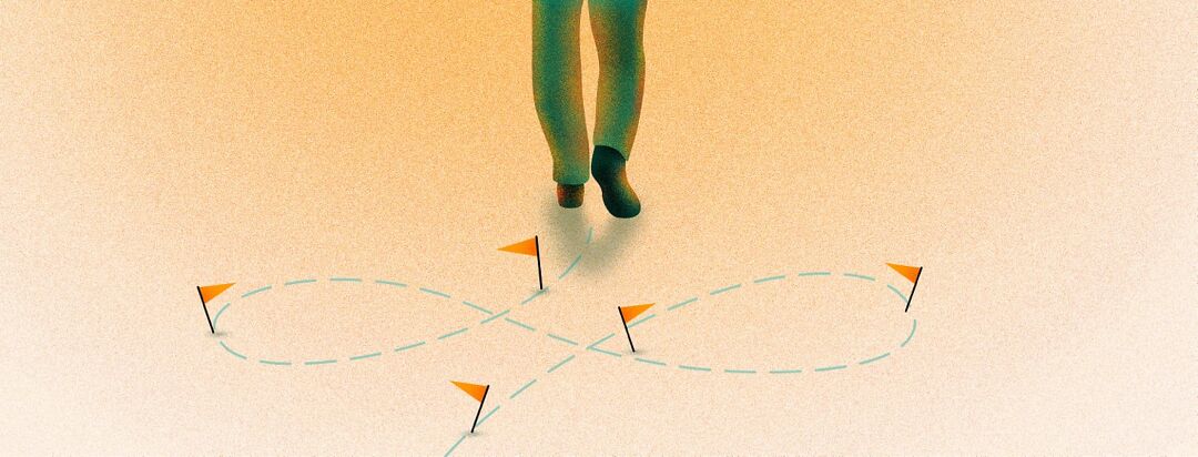A person walking with a dashed path line behind them with small flags on the path representing small wins.